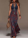 Abito Maxi in Pizzo Vintage con Collo Halter e Strascico