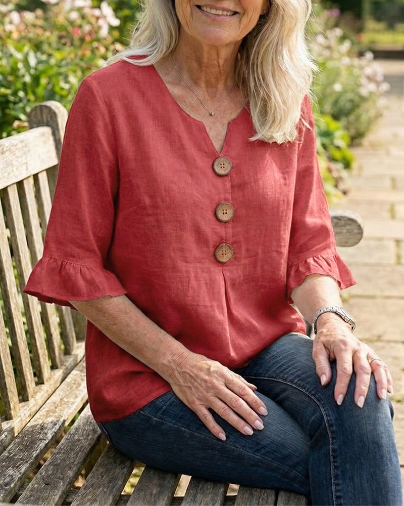 Sophia - Bluse in cotone-lino con bottoni in legno e volant