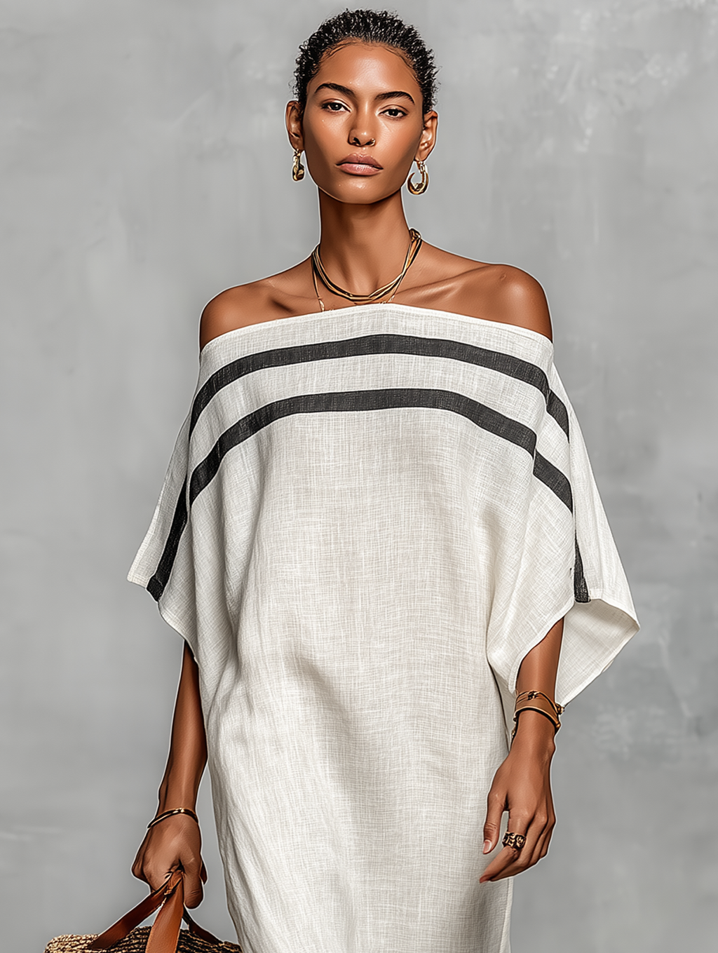 Maxi Abito Minimalista in Lino per Donna con Scollatura Off-the-Shoulder e Maniche a Pipistrello
