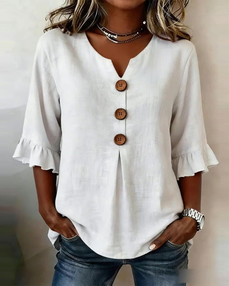 Sophia - Bluse in cotone-lino con bottoni in legno e volant