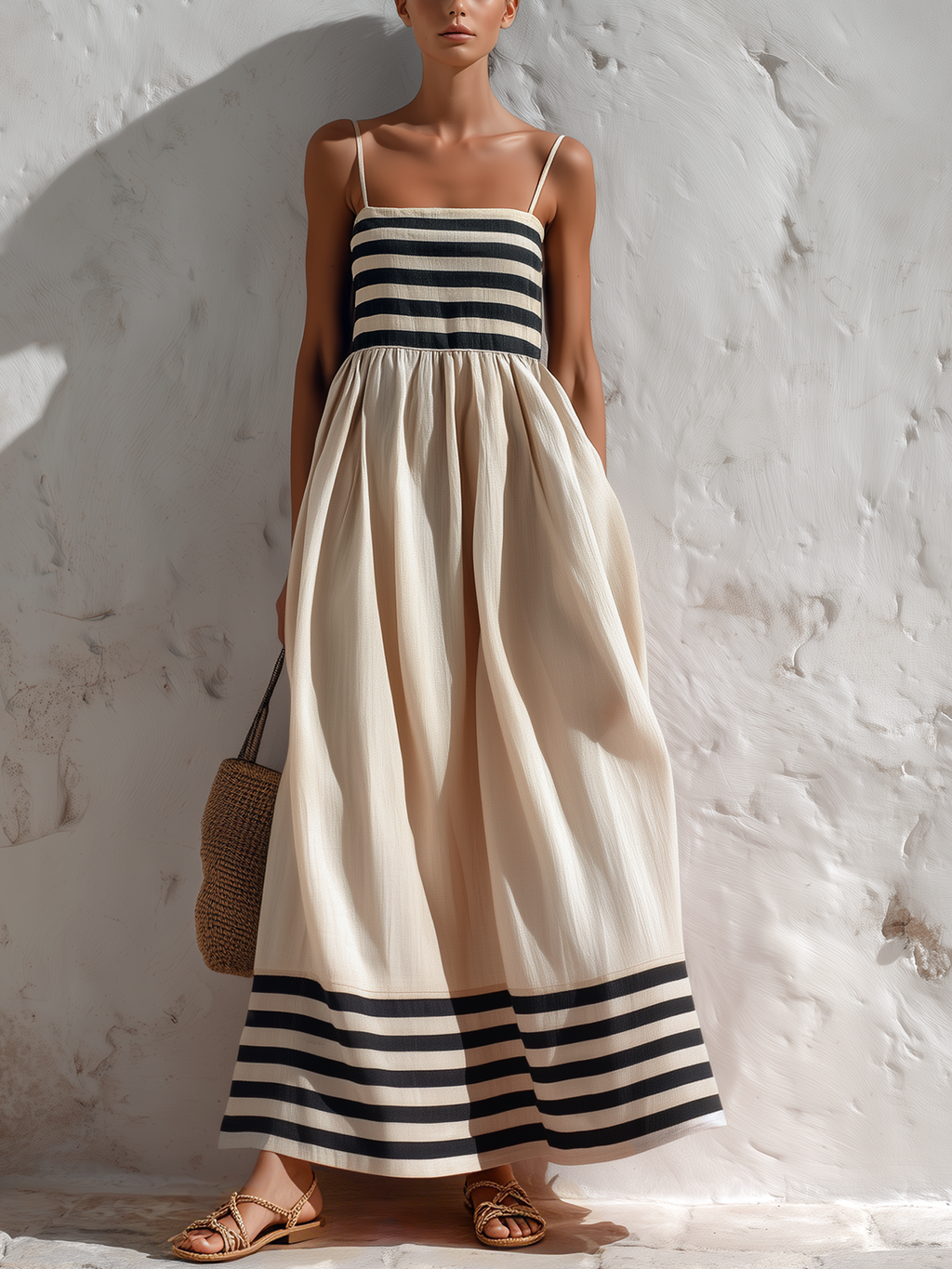 Maria | Abito lungo a righe nere e beige con spalline delicate