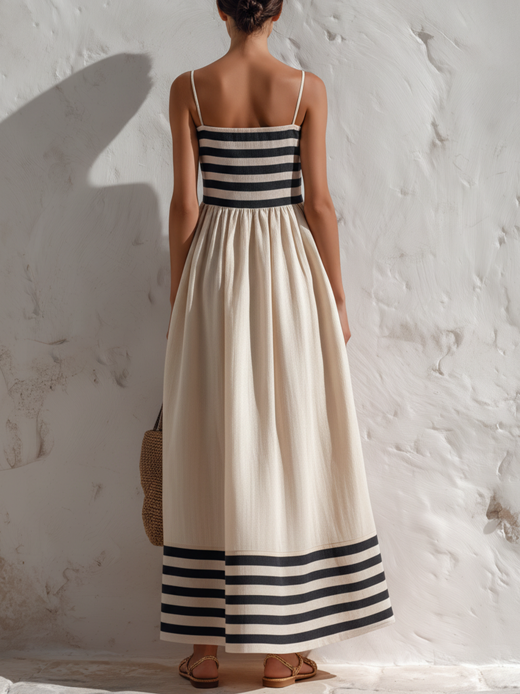 Maria | Abito lungo a righe nere e beige con spalline delicate