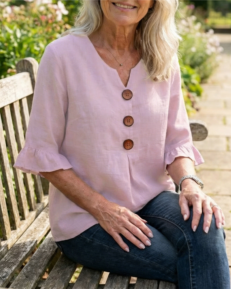 Sophia - Bluse in cotone-lino con bottoni in legno e volant