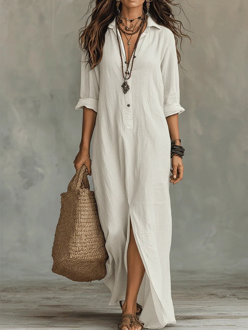 Maxi Abito Camicia con Bottoni Frontali Neri