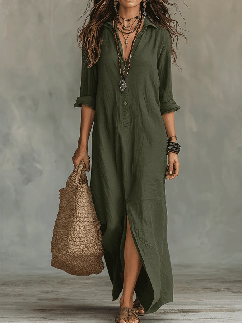Maxi Abito Camicia con Bottoni Frontali Neri