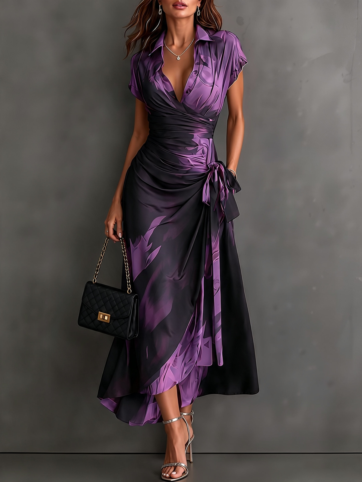 Vestito Midi Avvolgente Astratto Rosso e Nero con Collo a Camicia, Scollatura a V, Maniche Corte, Vita con Nastro e Orlo Asimmetrico Arricciato