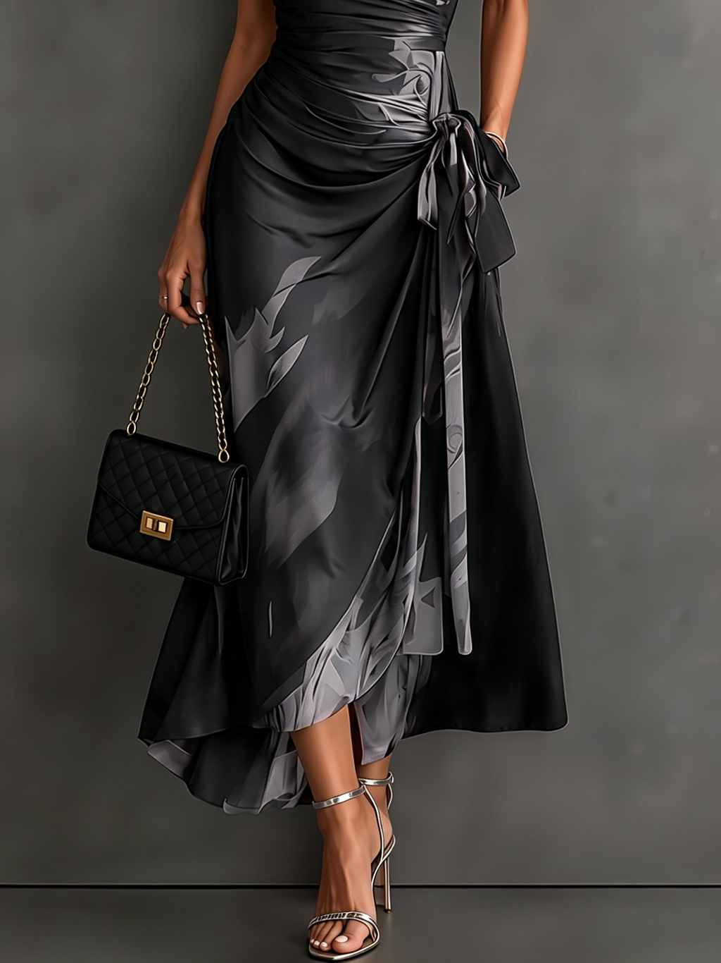 Vestito Midi Avvolgente Astratto Rosso e Nero con Collo a Camicia, Scollatura a V, Maniche Corte, Vita con Nastro e Orlo Asimmetrico Arricciato