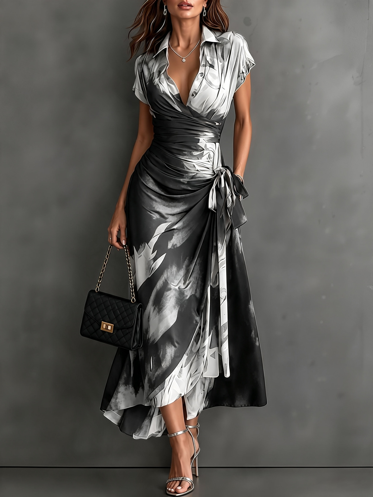 Vestito Midi Avvolgente Astratto Rosso e Nero con Collo a Camicia, Scollatura a V, Maniche Corte, Vita con Nastro e Orlo Asimmetrico Arricciato