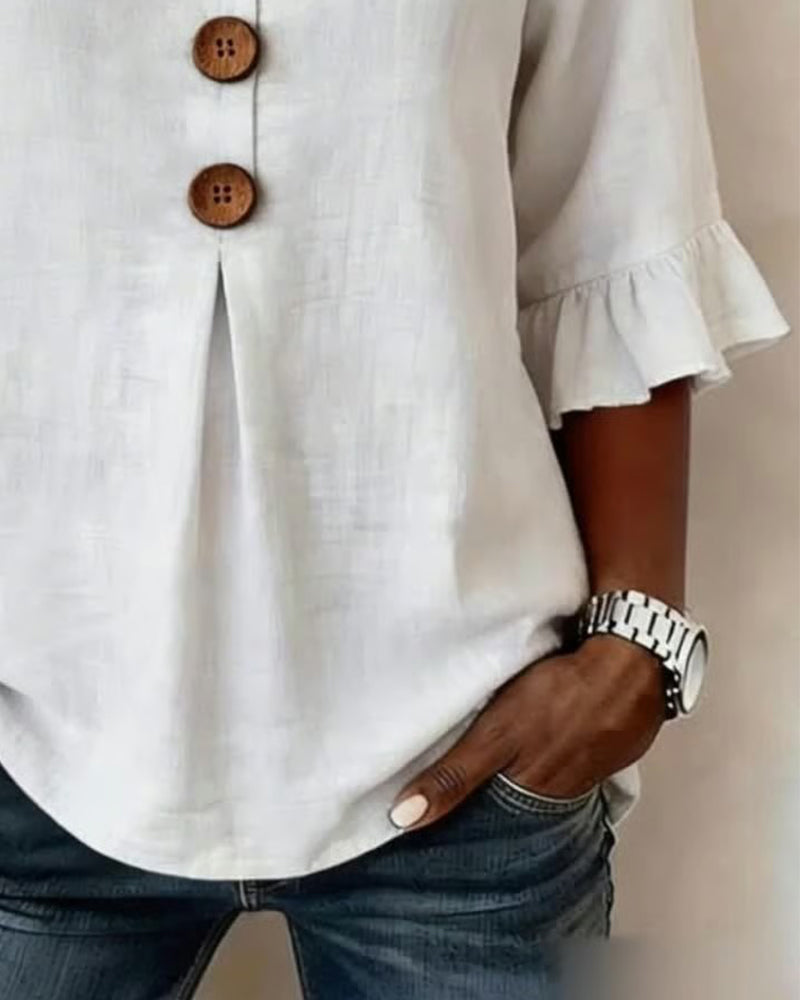 Sophia - Bluse in cotone-lino con bottoni in legno e volant