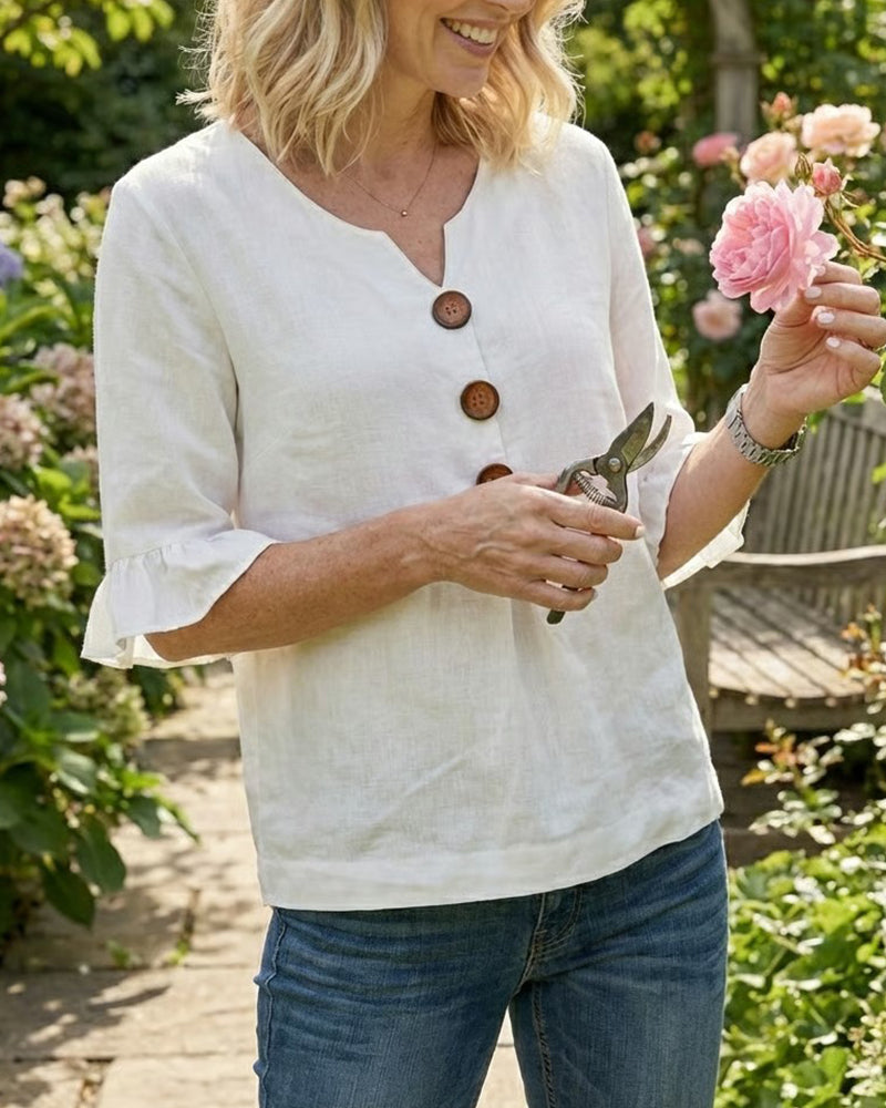 Sophia - Bluse in cotone-lino con bottoni in legno e volant