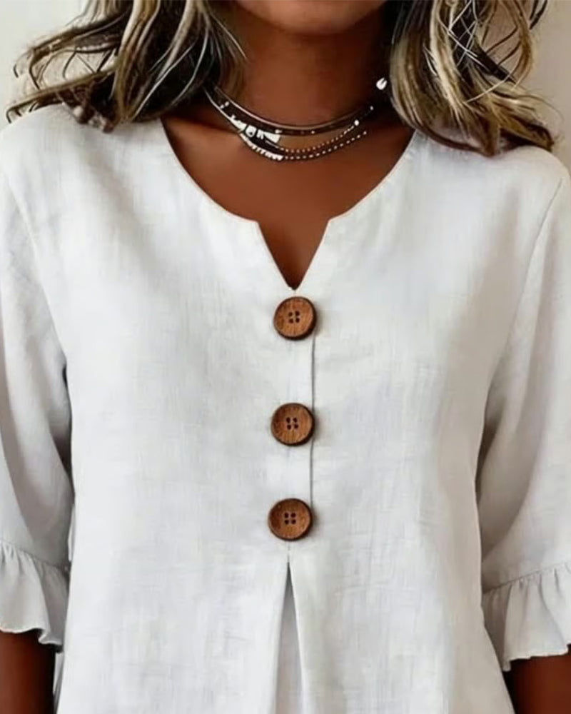 Sophia - Bluse in cotone-lino con bottoni in legno e volant