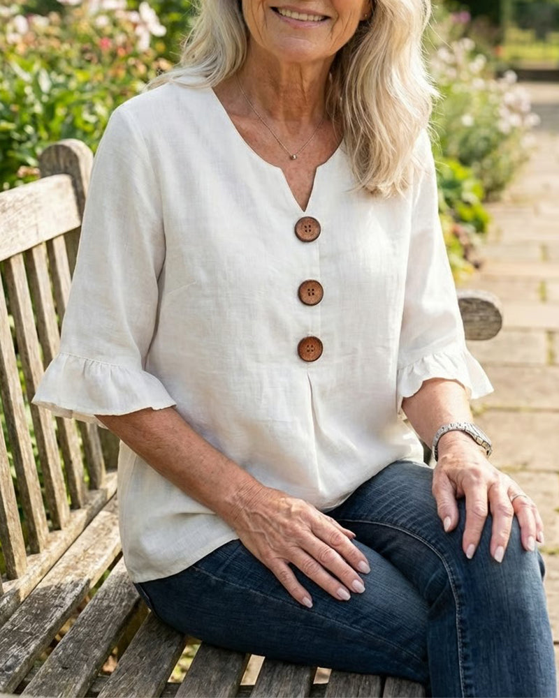 Sophia - Bluse in cotone-lino con bottoni in legno e volant