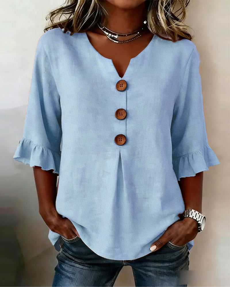 Sophia - Bluse in cotone-lino con bottoni in legno e volant