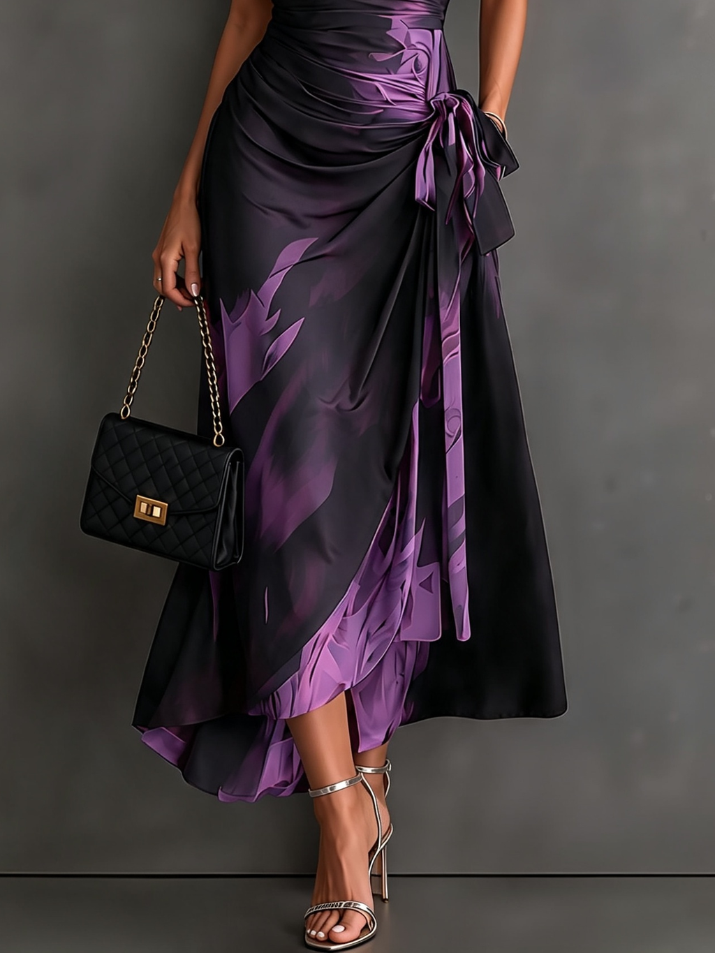 Vestito Midi Avvolgente Astratto Rosso e Nero con Collo a Camicia, Scollatura a V, Maniche Corte, Vita con Nastro e Orlo Asimmetrico Arricciato