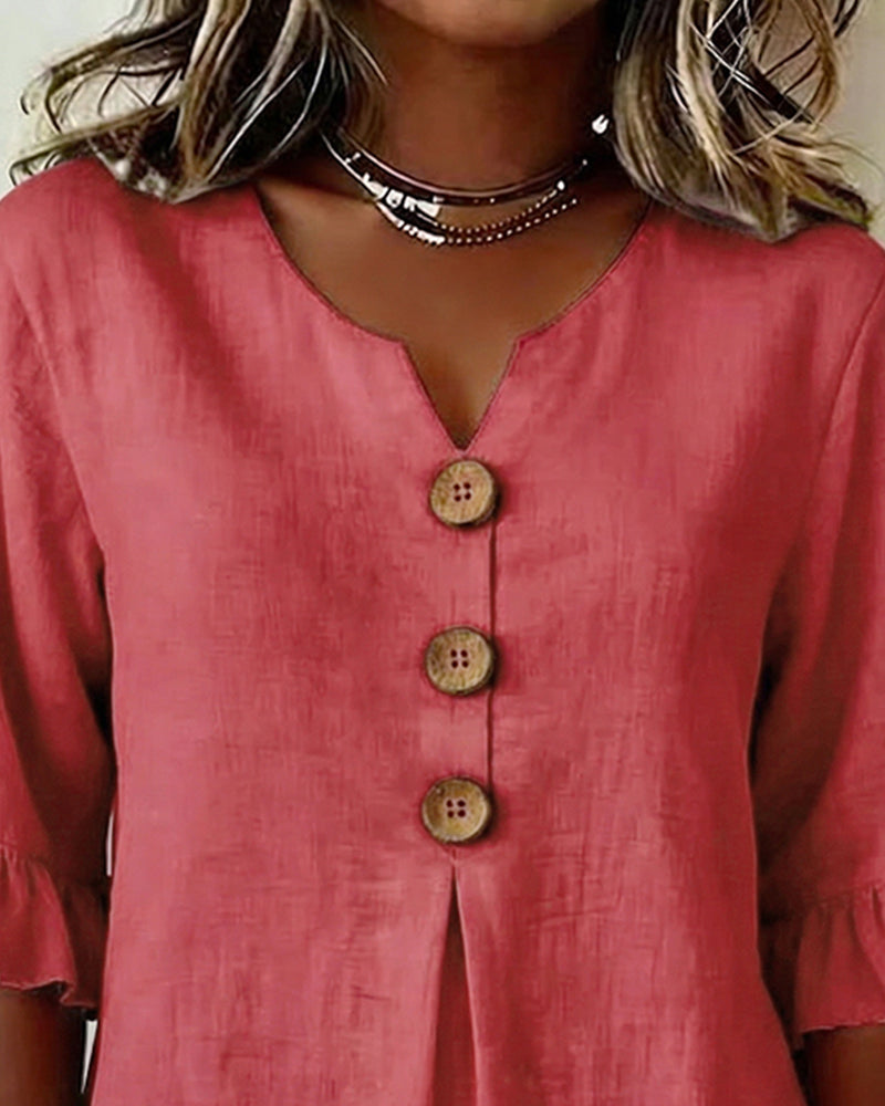 Sophia - Bluse in cotone-lino con bottoni in legno e volant