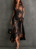 Vestito Midi Avvolgente Astratto Rosso e Nero con Collo a Camicia, Scollatura a V, Maniche Corte, Vita con Nastro e Orlo Asimmetrico Arricciato