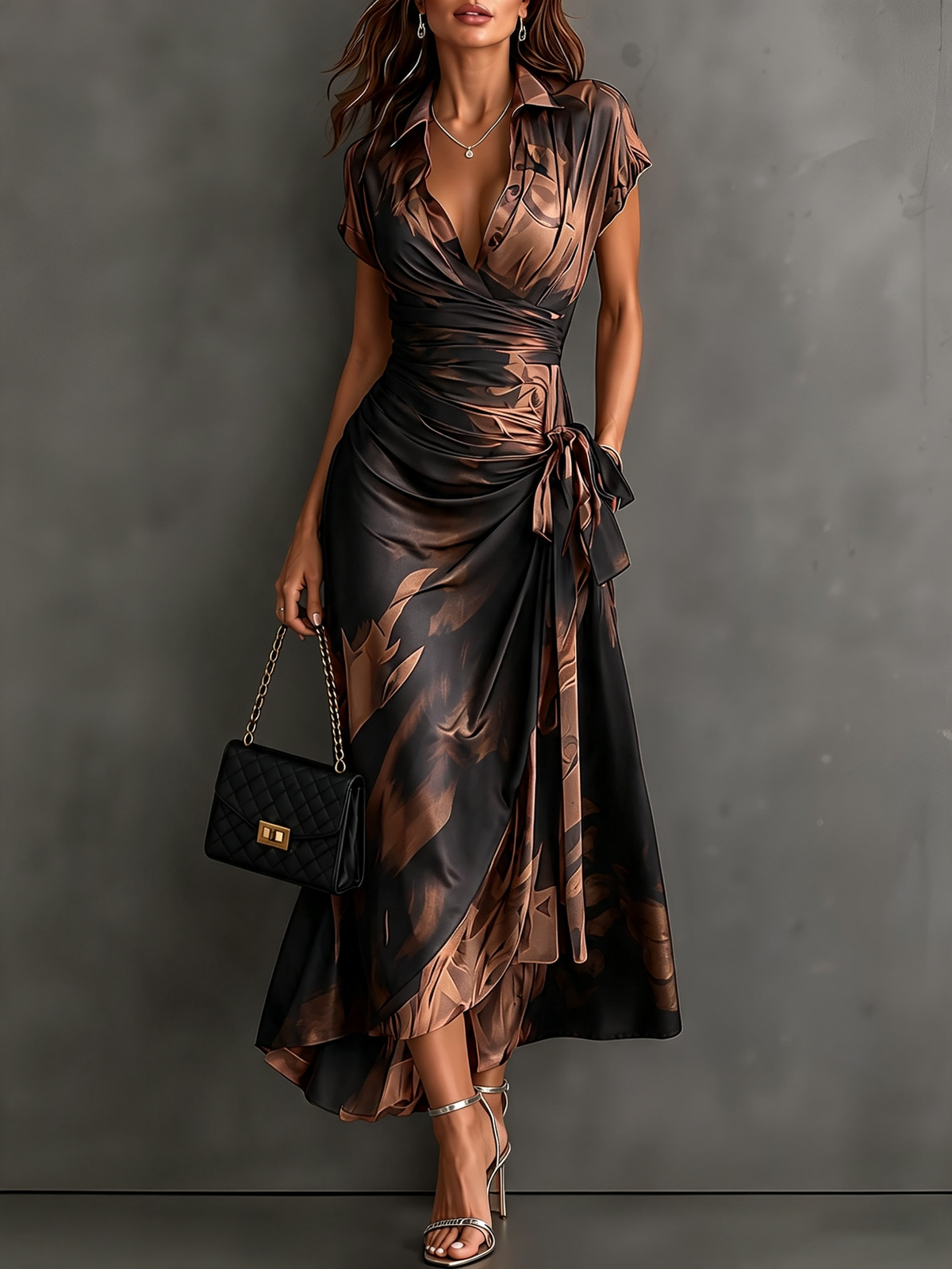 Vestito Midi Avvolgente Astratto Rosso e Nero con Collo a Camicia, Scollatura a V, Maniche Corte, Vita con Nastro e Orlo Asimmetrico Arricciato