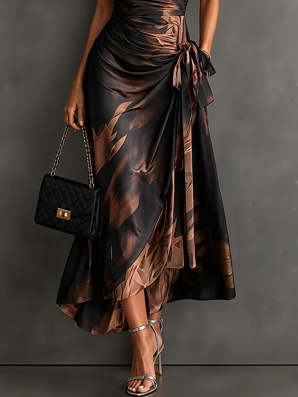 Vestito Midi Avvolgente Astratto Rosso e Nero con Collo a Camicia, Scollatura a V, Maniche Corte, Vita con Nastro e Orlo Asimmetrico Arricciato