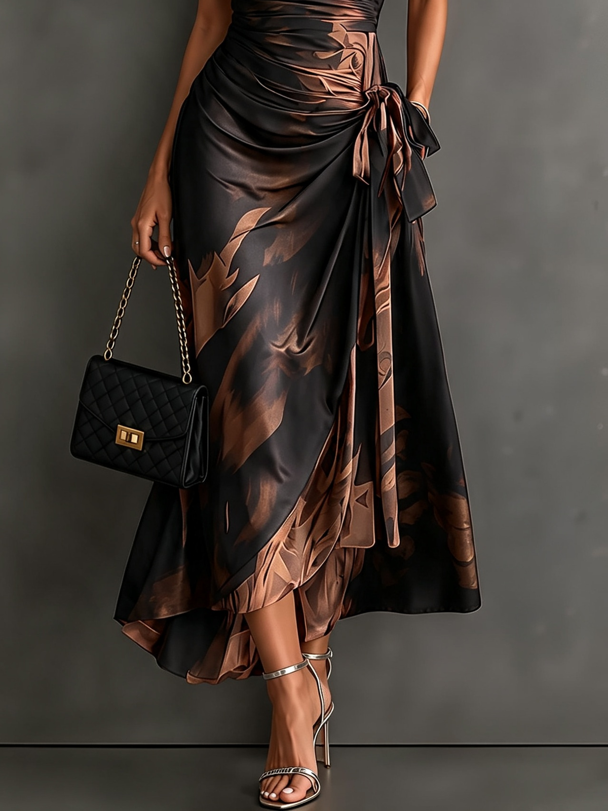Vestito Midi Avvolgente Astratto Rosso e Nero con Collo a Camicia, Scollatura a V, Maniche Corte, Vita con Nastro e Orlo Asimmetrico Arricciato