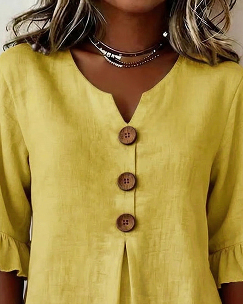 Sophia - Bluse in cotone-lino con bottoni in legno e volant