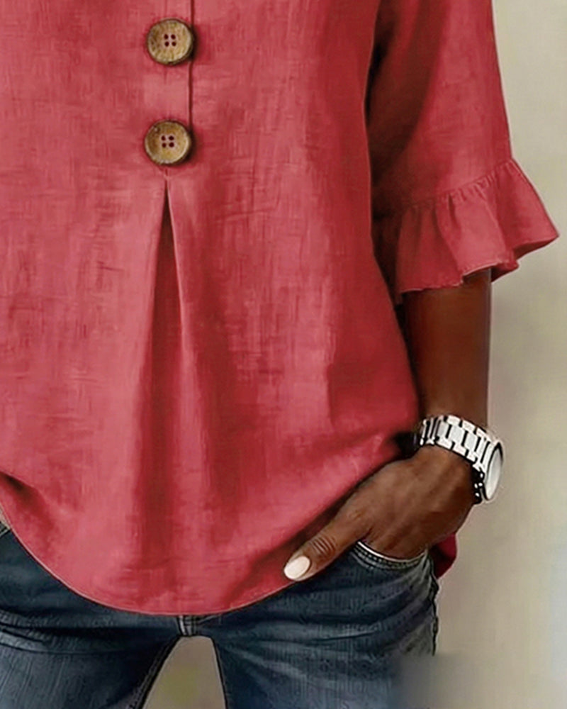 Sophia - Bluse in cotone-lino con bottoni in legno e volant