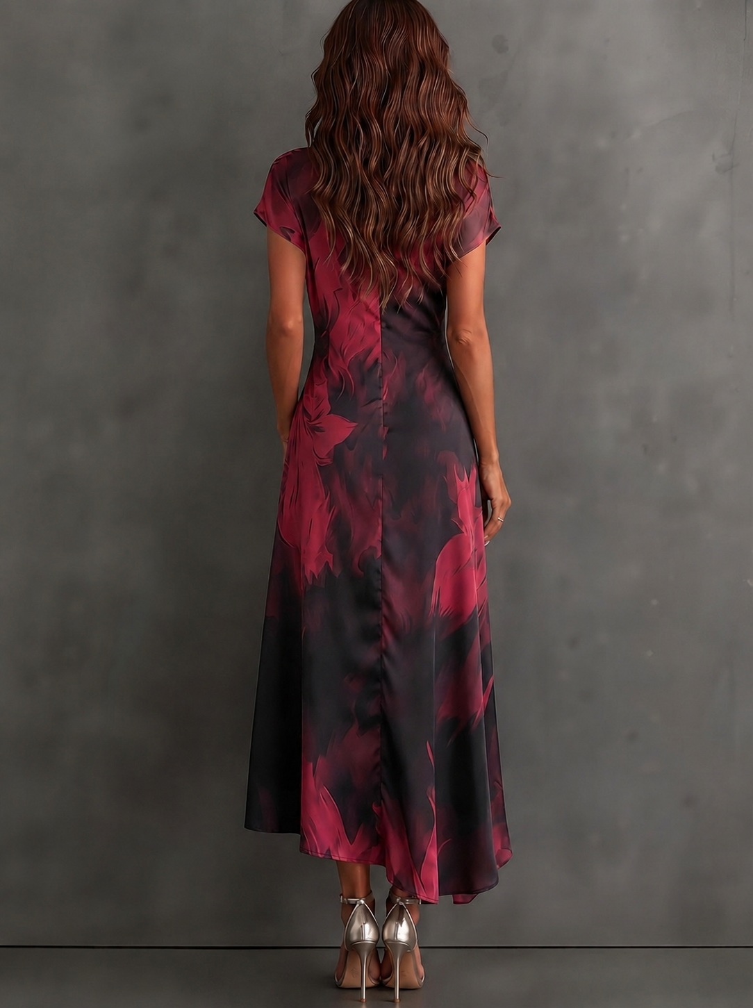 Vestito Midi Avvolgente Astratto Rosso e Nero con Collo a Camicia, Scollatura a V, Maniche Corte, Vita con Nastro e Orlo Asimmetrico Arricciato