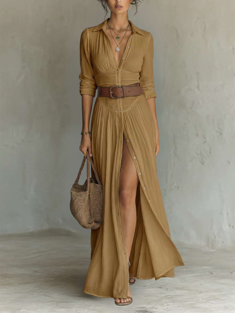 Abito Lungo Maxi in Lino con Collo Reverso e Maniche Lunghe per Donna