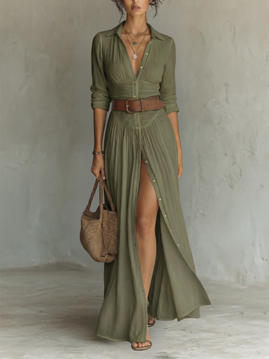 Abito Lungo Maxi in Lino con Collo Reverso e Maniche Lunghe per Donna