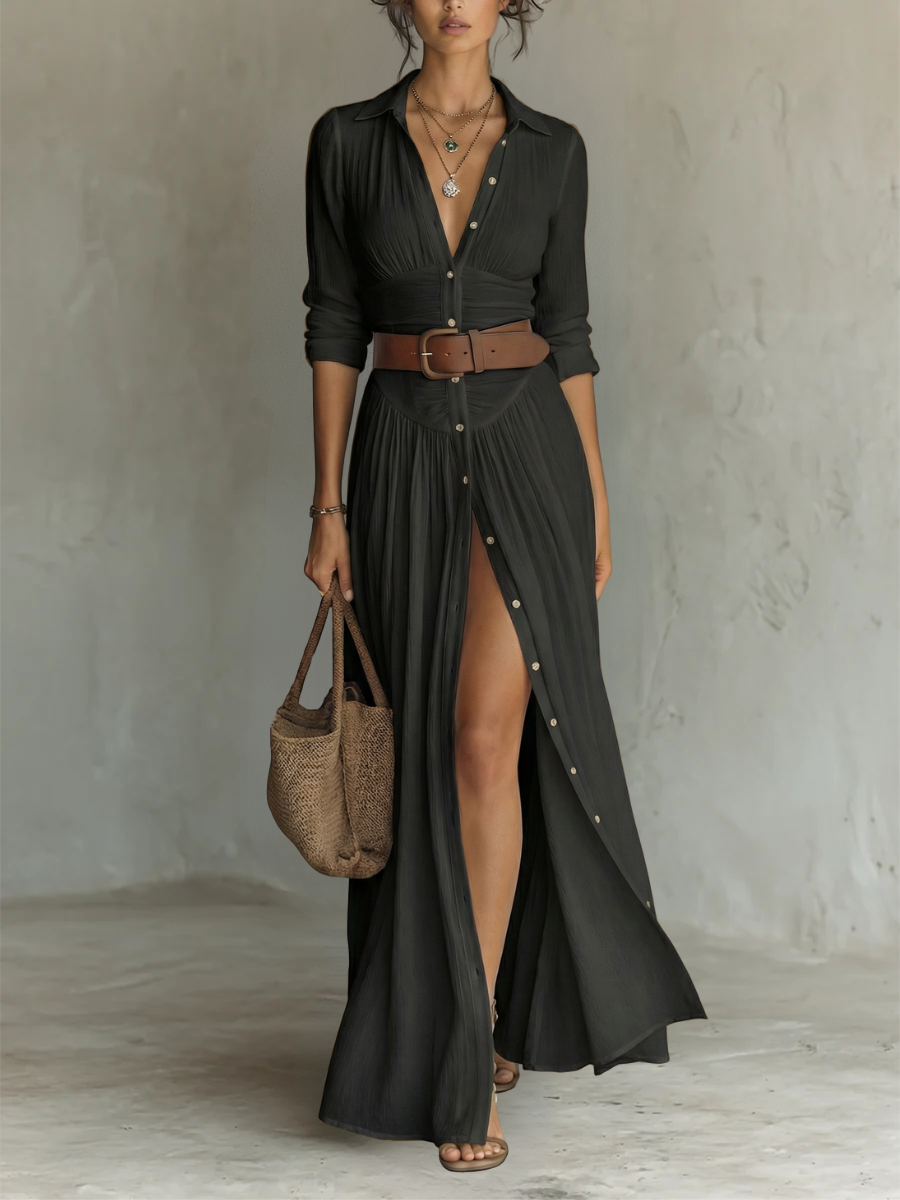Abito Lungo Maxi in Lino con Collo Reverso e Maniche Lunghe per Donna