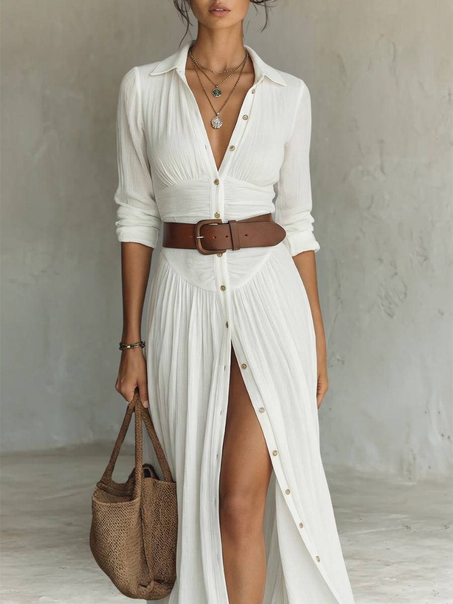 Abito Lungo Maxi in Lino con Collo Reverso e Maniche Lunghe per Donna