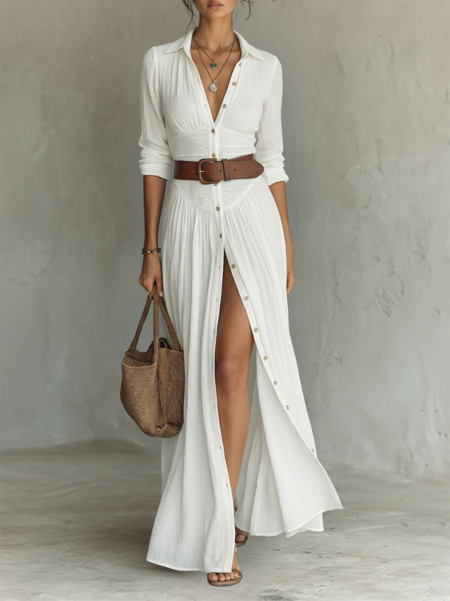 Abito Lungo Maxi in Lino con Collo Reverso e Maniche Lunghe per Donna