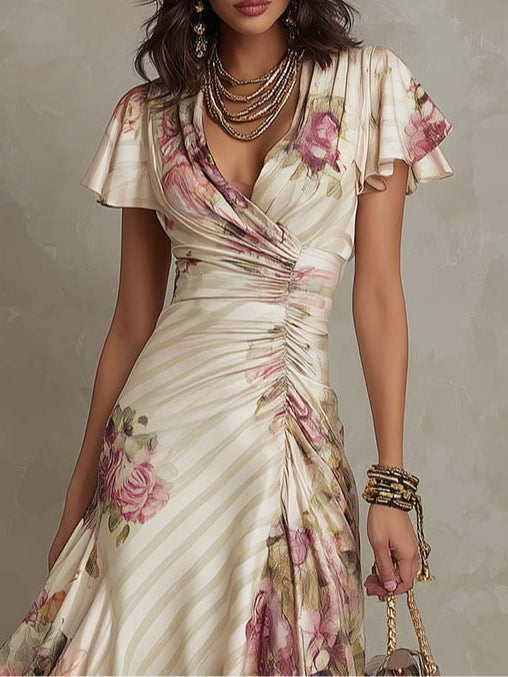 Alba | Elegante Vestito Midi in Seta con Stampa Floreale Vintage
