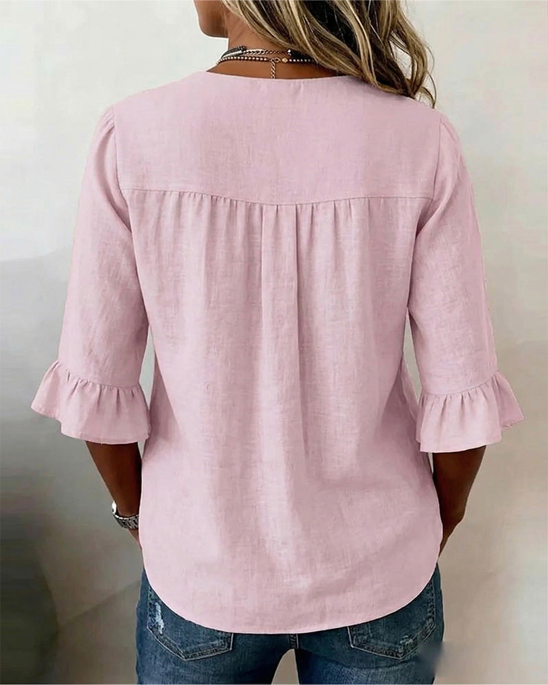 Sophia - Bluse in cotone-lino con bottoni in legno e volant