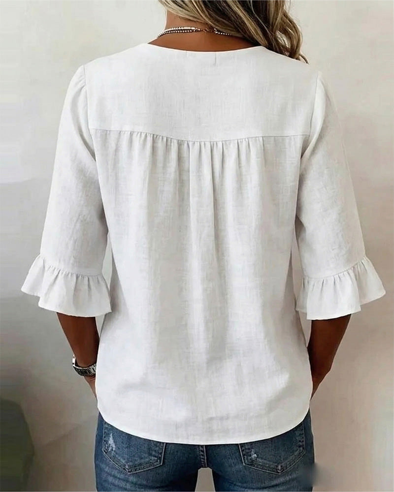 Sophia - Bluse in cotone-lino con bottoni in legno e volant