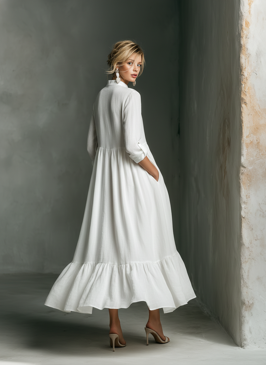 Abito lungo bianco con maniche lunghe e volant per donna
