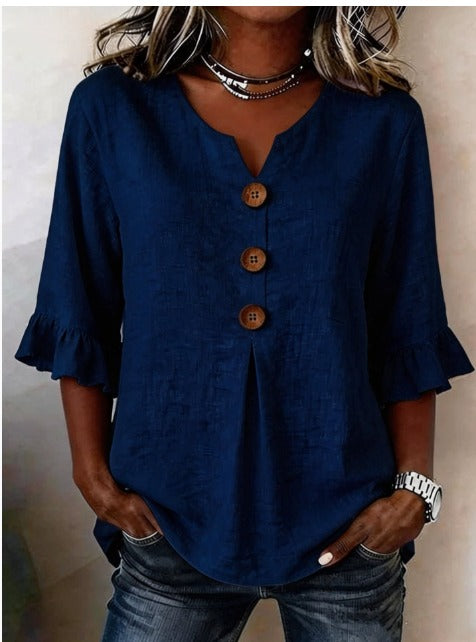 Sophia - Bluse in cotone-lino con bottoni in legno e volant