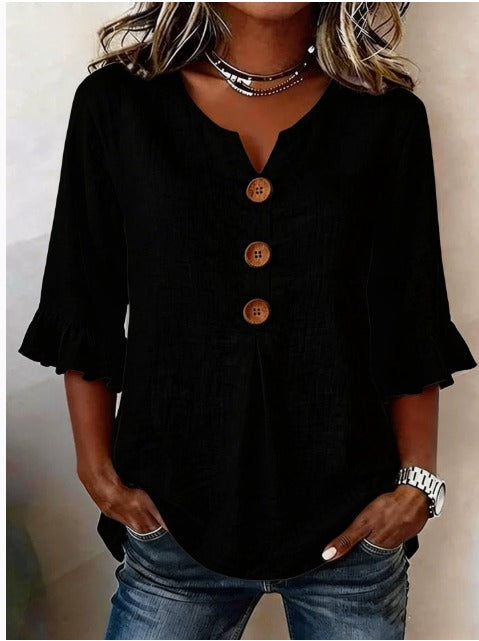 Sophia - Bluse in cotone-lino con bottoni in legno e volant
