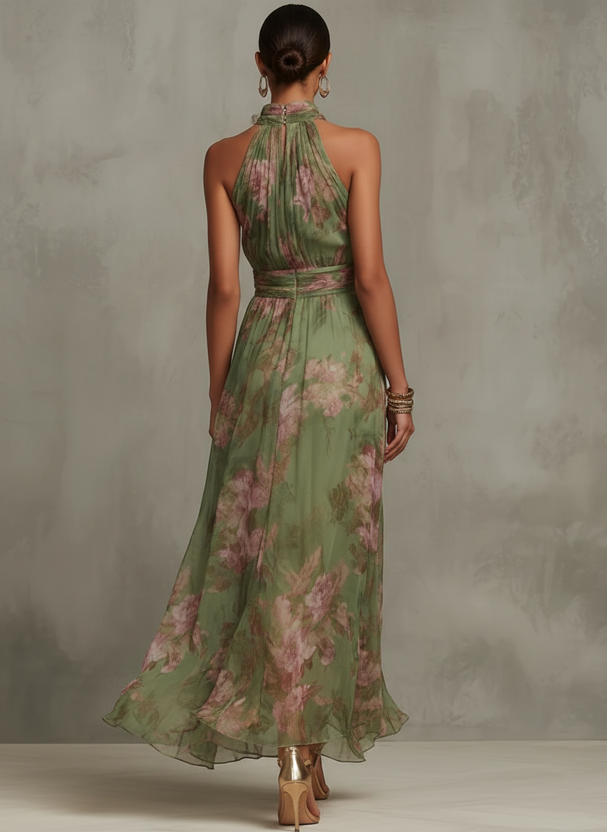 Serena - Maxi Dress in Green Floral Chiffon with Halter Neck