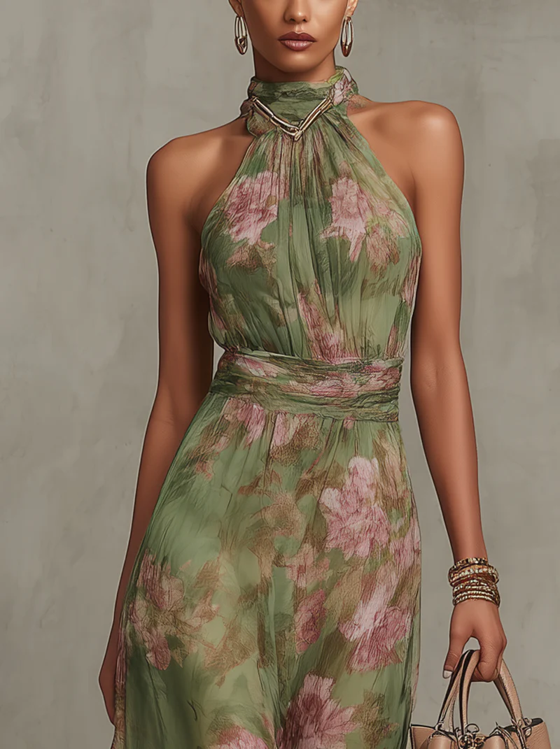 Serena - Maxi Dress in Green Floral Chiffon with Halter Neck