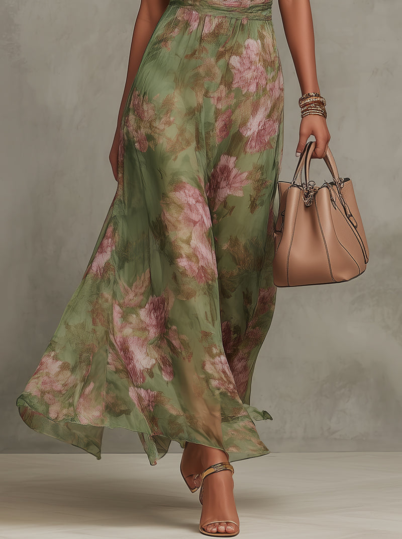 Serena - Maxi Dress in Green Floral Chiffon with Halter Neck