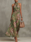 Serena - Maxi Dress in Green Floral Chiffon with Halter Neck