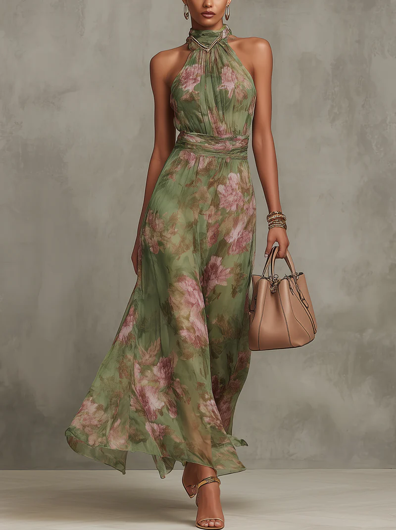 Serena - Maxi Dress in Green Floral Chiffon with Halter Neck