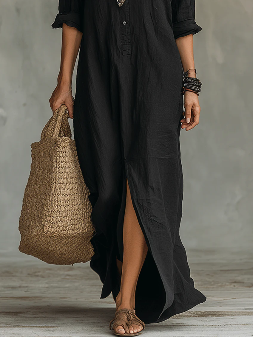 Maxi Abito Camicia con Bottoni Frontali Neri