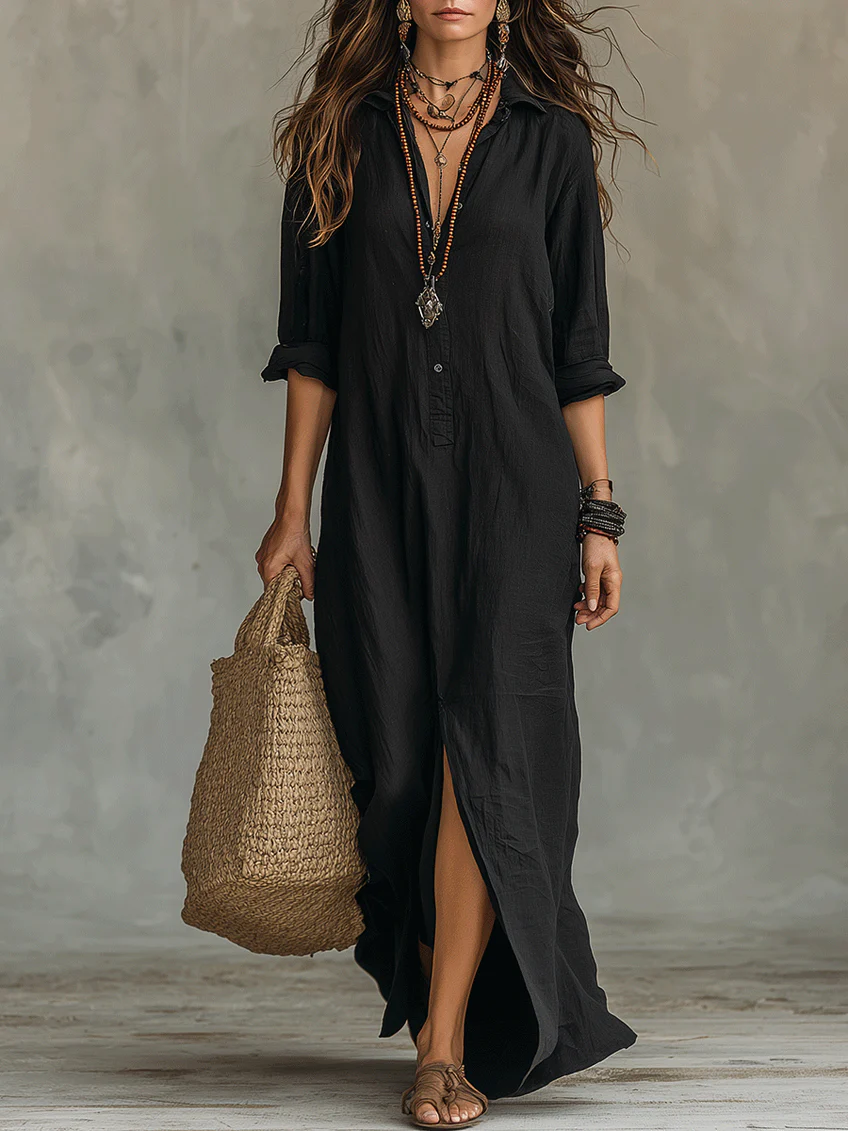 Maxi Abito Camicia con Bottoni Frontali Neri