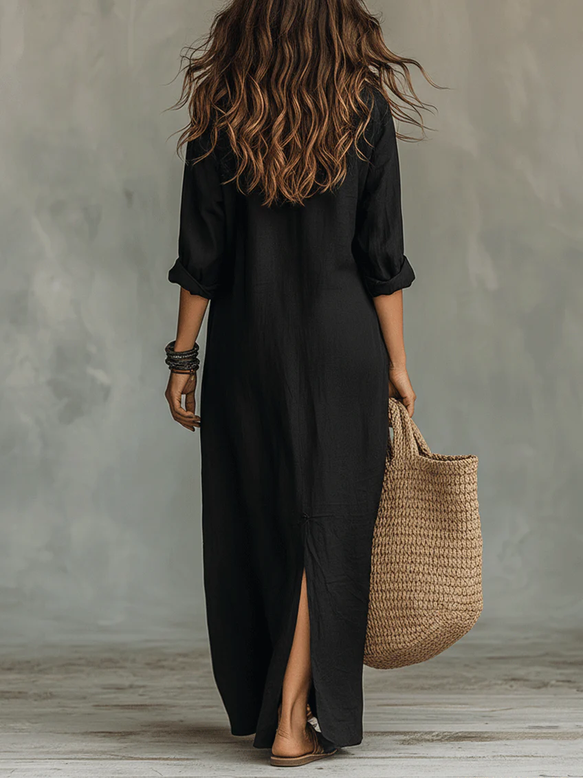 Maxi Abito Camicia con Bottoni Frontali Neri