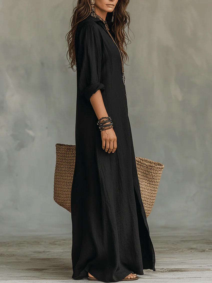 Maxi Abito Camicia con Bottoni Frontali Neri