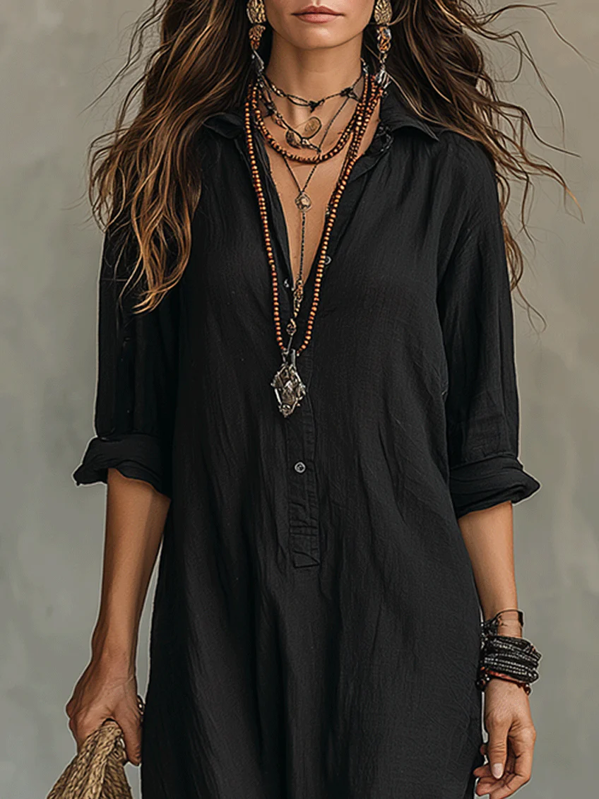 Maxi Abito Camicia con Bottoni Frontali Neri