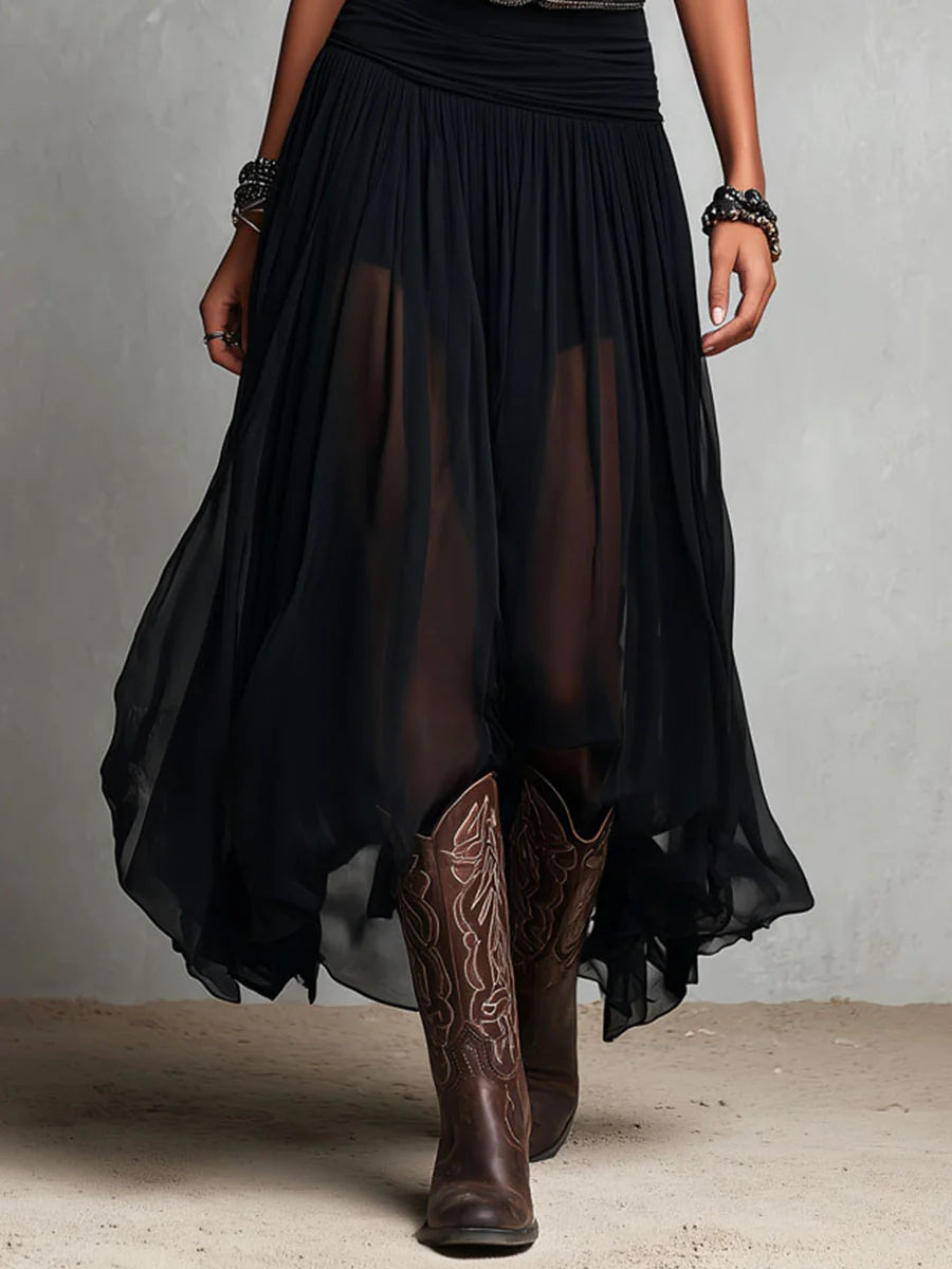 Abito Maxi Nero Senza Maniche con Gonna in Tulle e Cintura