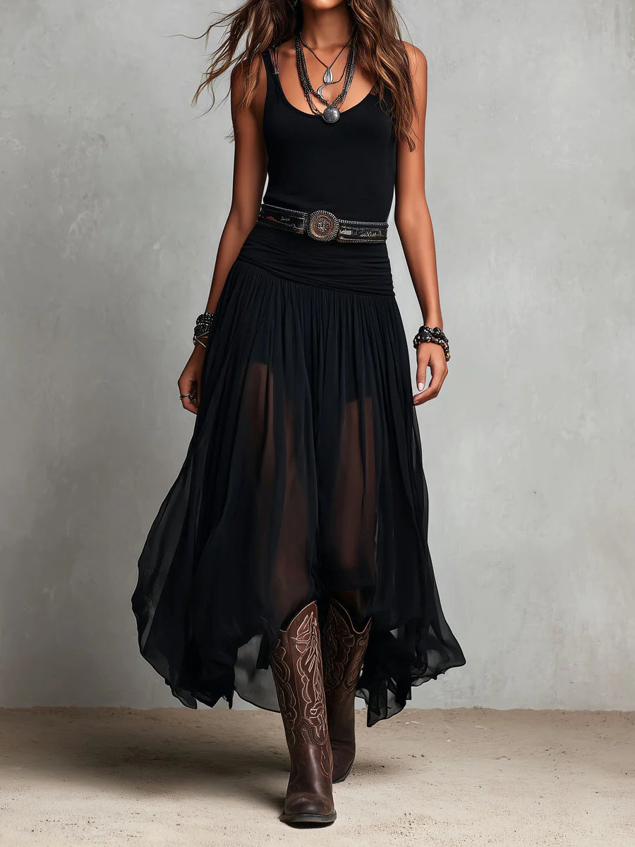 Abito Maxi Nero Senza Maniche con Gonna in Tulle e Cintura