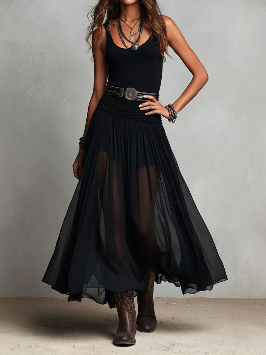 Abito Maxi Nero Senza Maniche con Gonna in Tulle e Cintura